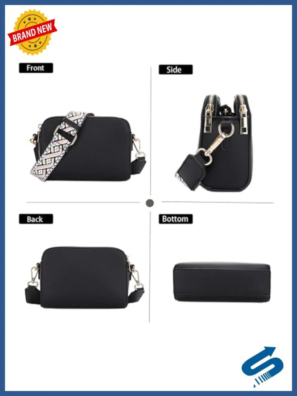 Trendy Vegan Leather Triple Zip Crossbody Camera Bag with Wide Guitar Strap
